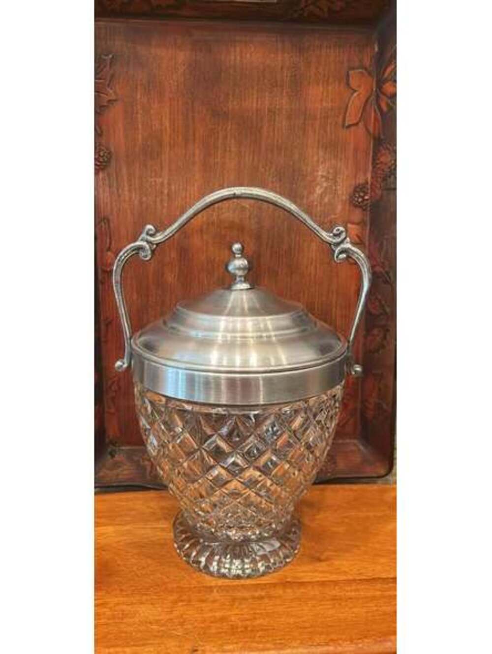 Vintage Diamond Pattern Heavy Clear Glass Ice Bucket,Silver Plated Handle & Lid